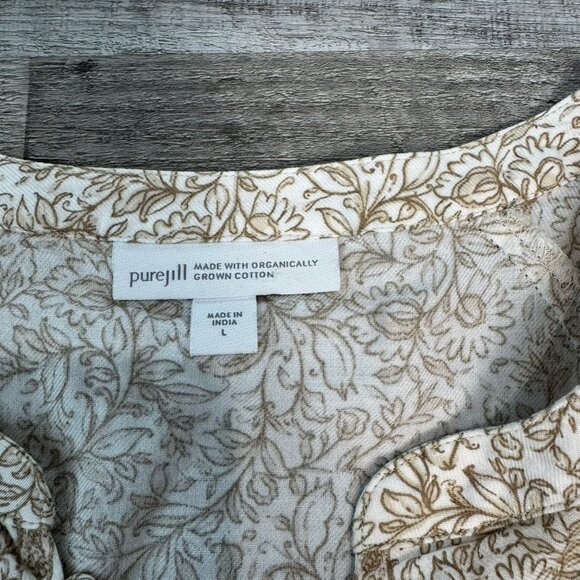 J Jill Pure Jill beige paisley floral 3/4 sleeve top button detail size large Q8 - Picture 3 of 6